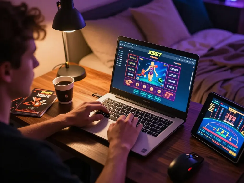 XIBET player engaged in online casino gaming at home, showcasing a strategic atmosphere within the gaming experience