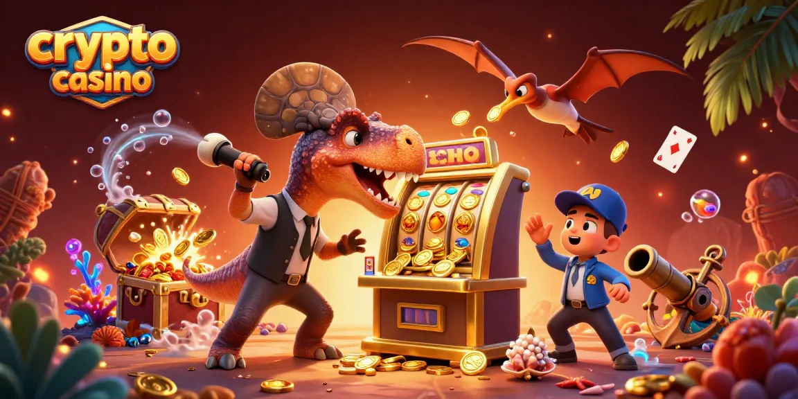 Giocatori al crypto casino mentre il pachycephalosauro colpisce una slot per il jackpot di monete d'oro.