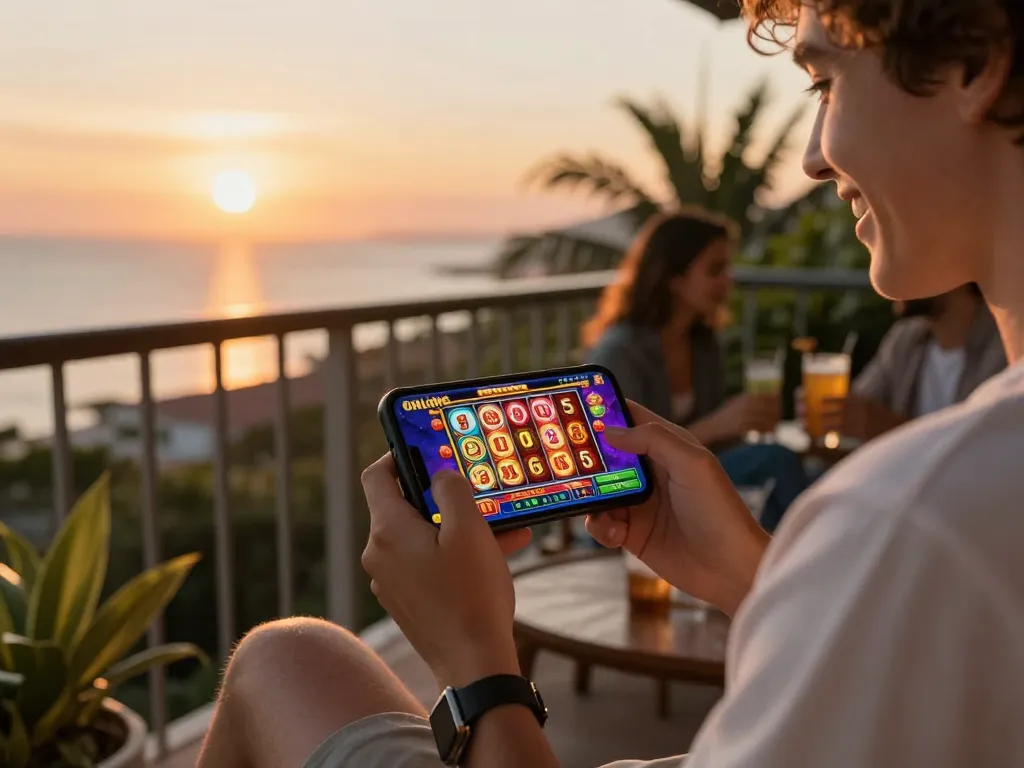 Engaging in giochi casino gratis senza registrazione on a smartphone during a sunset, reflecting modern mobile gaming.