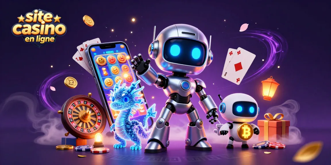 Jouez sur un site casino en ligne avec un robot mascotte 3D futuriste et un dragon holographique entourés de jeux et de pièces d'or.