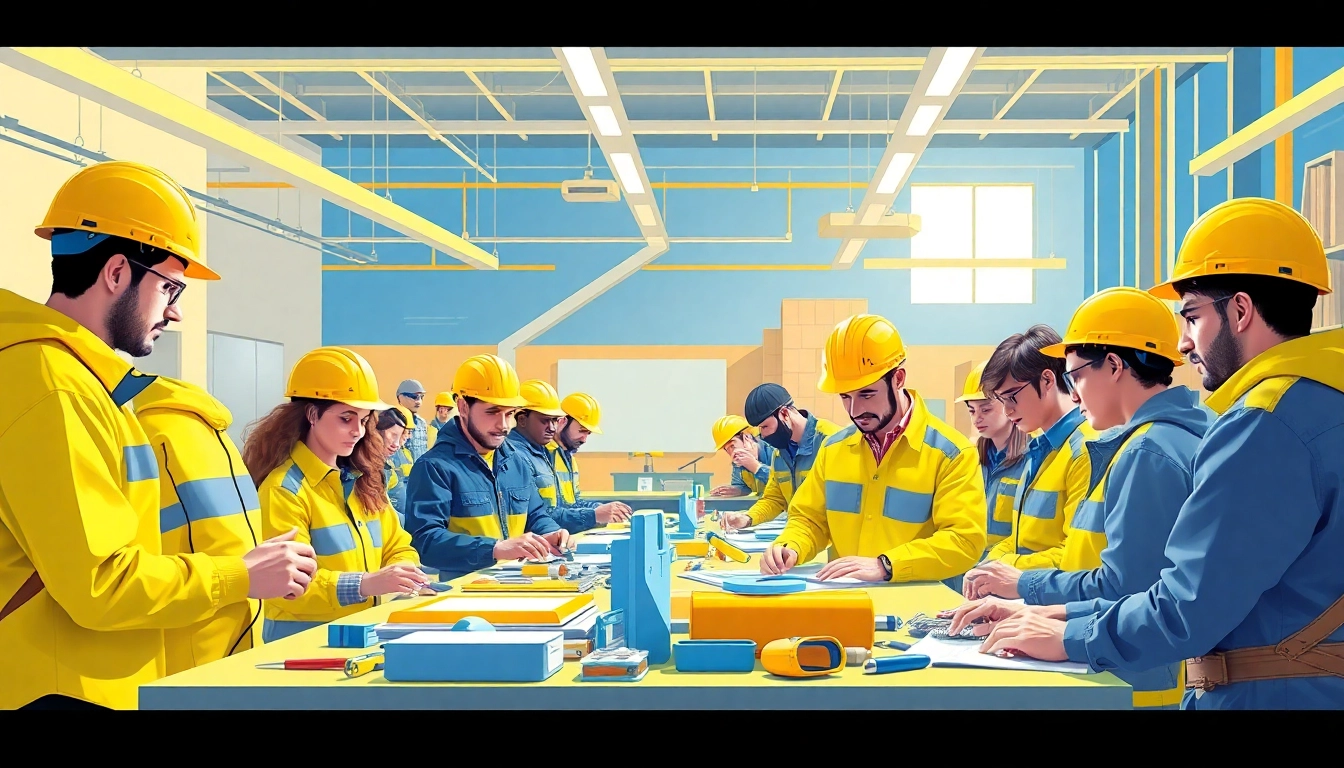 Engaging construction training programs with diverse participants collaborating in a vibrant training facility.