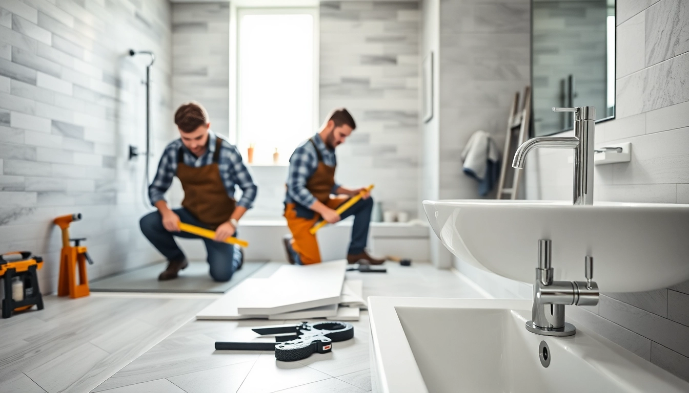 Skilled bathroom installers measuring and working on a stylish bathroom remodel.