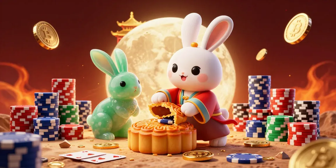 仮想通貨カジノでポーカーチップをあけるうさぎのカードゲームシーンのイラスト