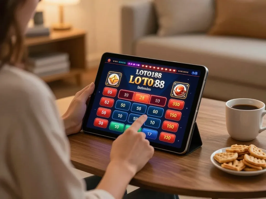 Person enjoying LOTO188 online gaming on tablet in a cozy home setting with snacks