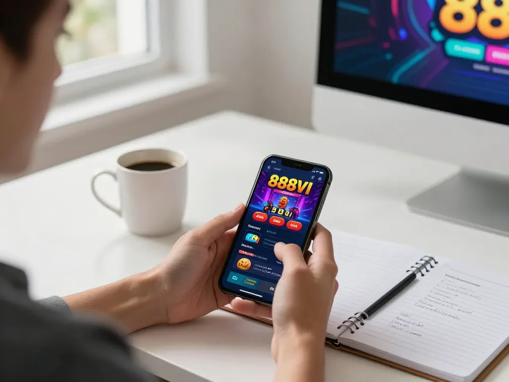Engaging gameplay with the 888VI app being used on a smartphone, showcasing responsible gaming.