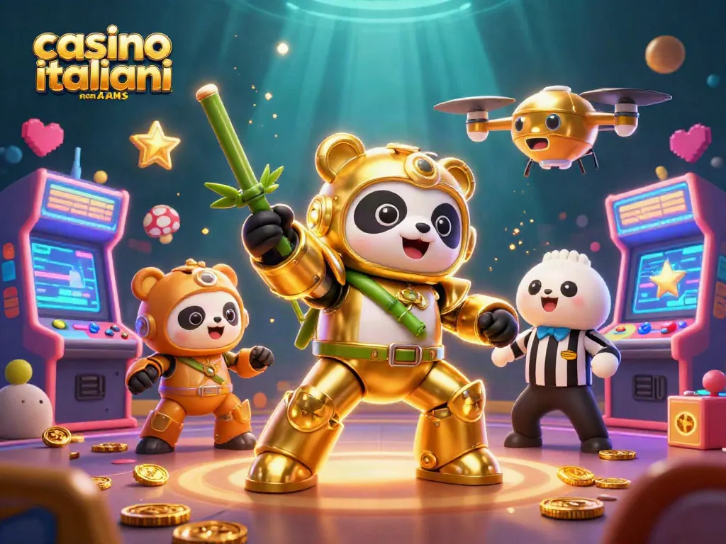 Gioca ai casino italiani non AAMS con un panda dorato e un robot in un'arena affollata.