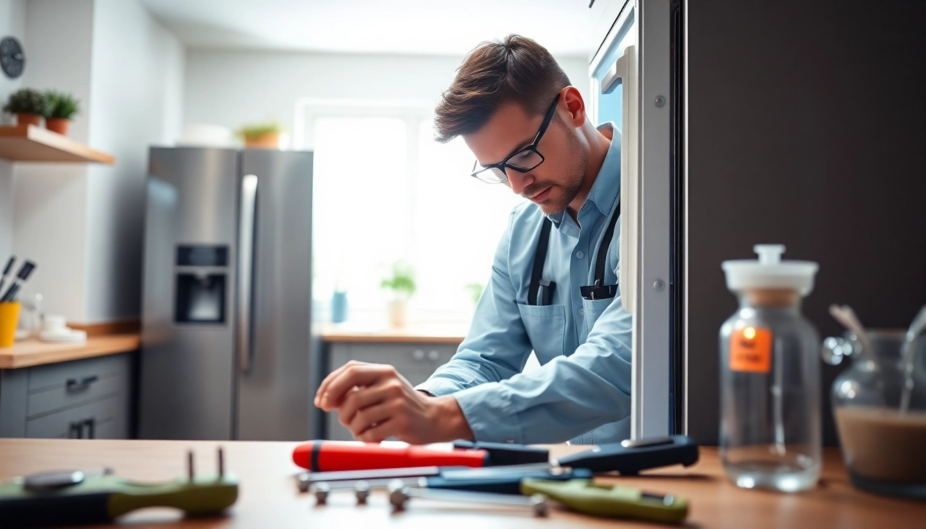 Technician performing refrigerator repair ottawa in a modern kitchen, showcasing expertise and care.