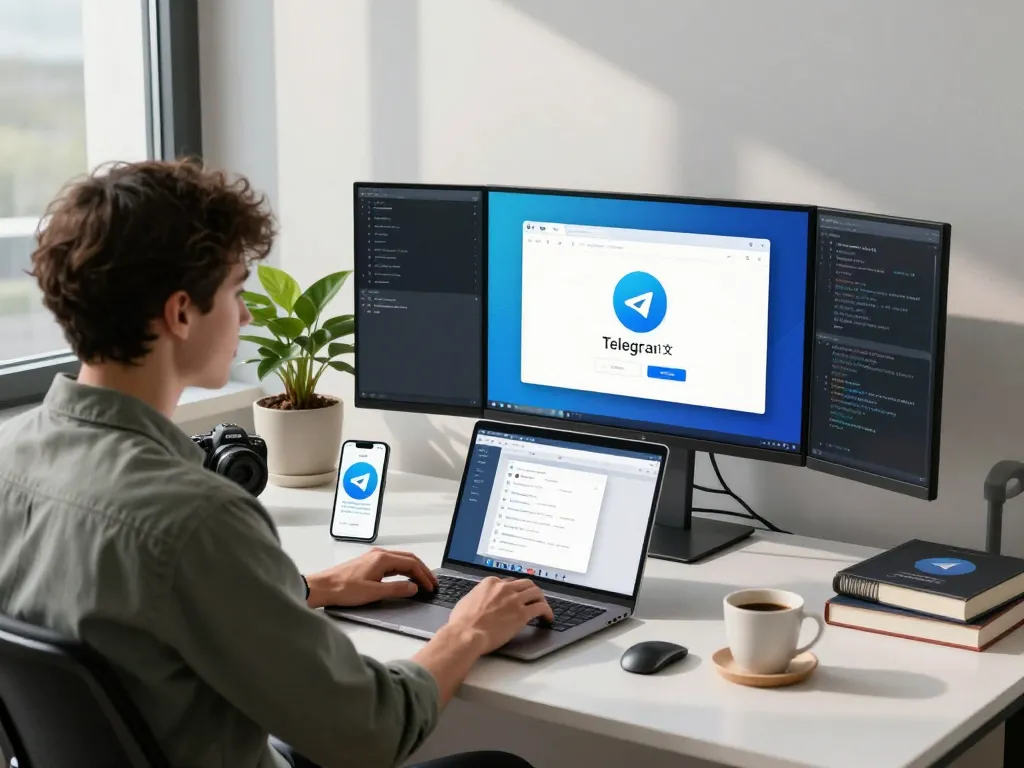 Engaging workspace displaying Telegram 中文 interface on multiple screens, showcasing secure communication.