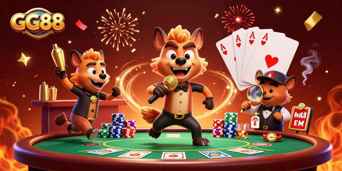 Engaging GG88 casino scene with hyenas in a comedy club, showcasing vibrant gaming elements.