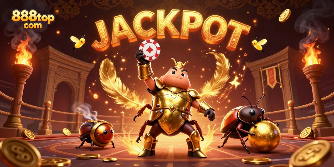 Win big at 888top com as a heroic beetle celebrates with jackpot winnings in a dynamic casino scene!