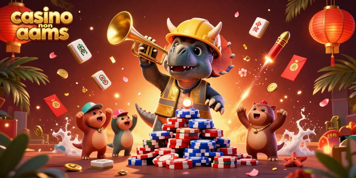 Giocatori felici nel casino non AAMS celebrano costruendo una torre di poker con festoni rossi e oro
