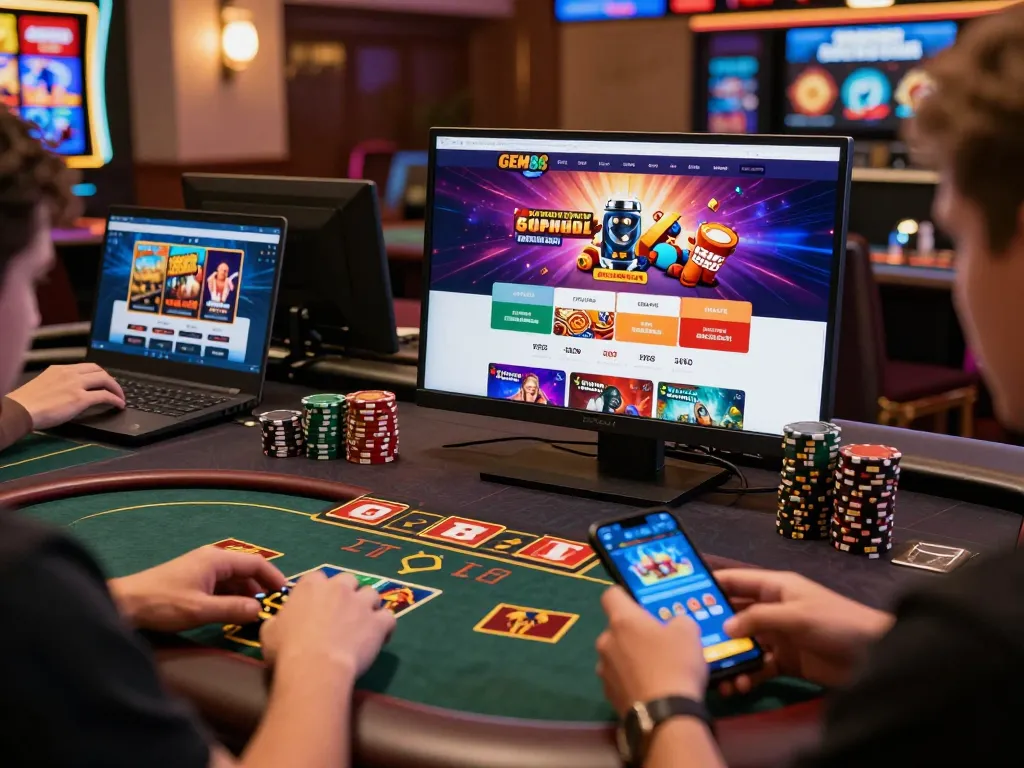 GEM88 players engaging in exciting online casino gameplay on modern devices with vibrant graphics.