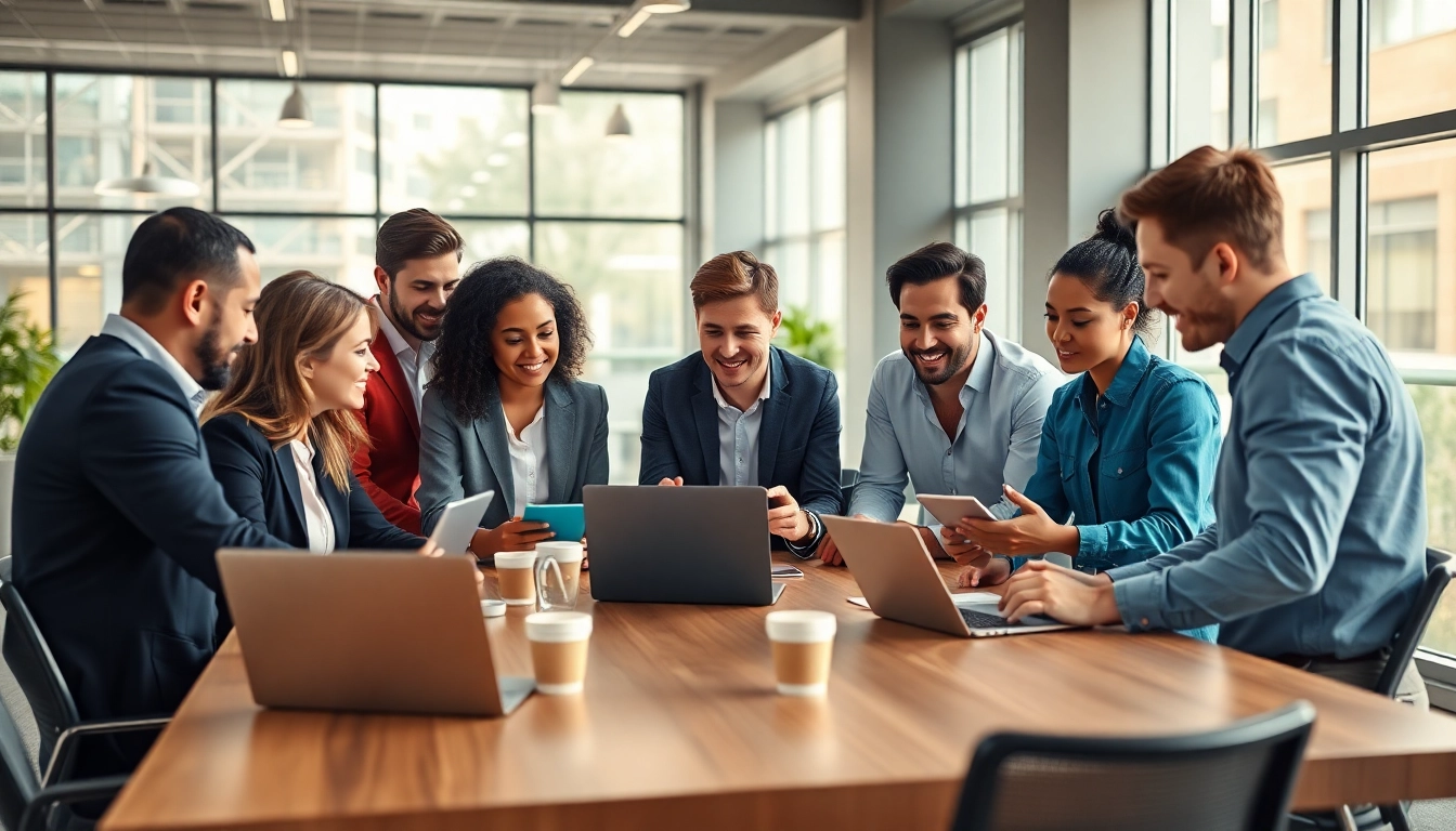 Team brainstorming small business jobs in a vibrant office setting with modern decor.