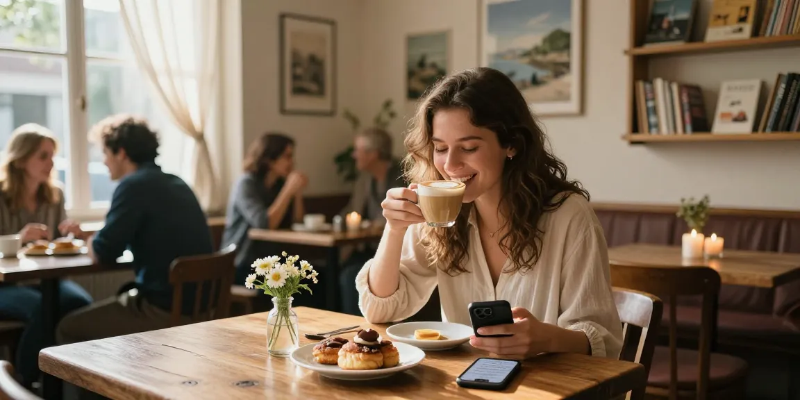 Young woman enjoying her crush on someone at a cozy café.