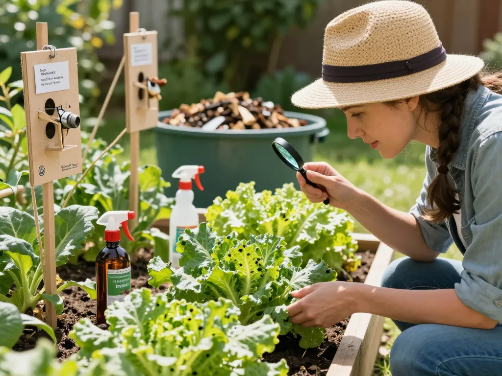 Homeowner applying pest control tips in a vibrant garden, inspecting plants for pests and using organic repellents.