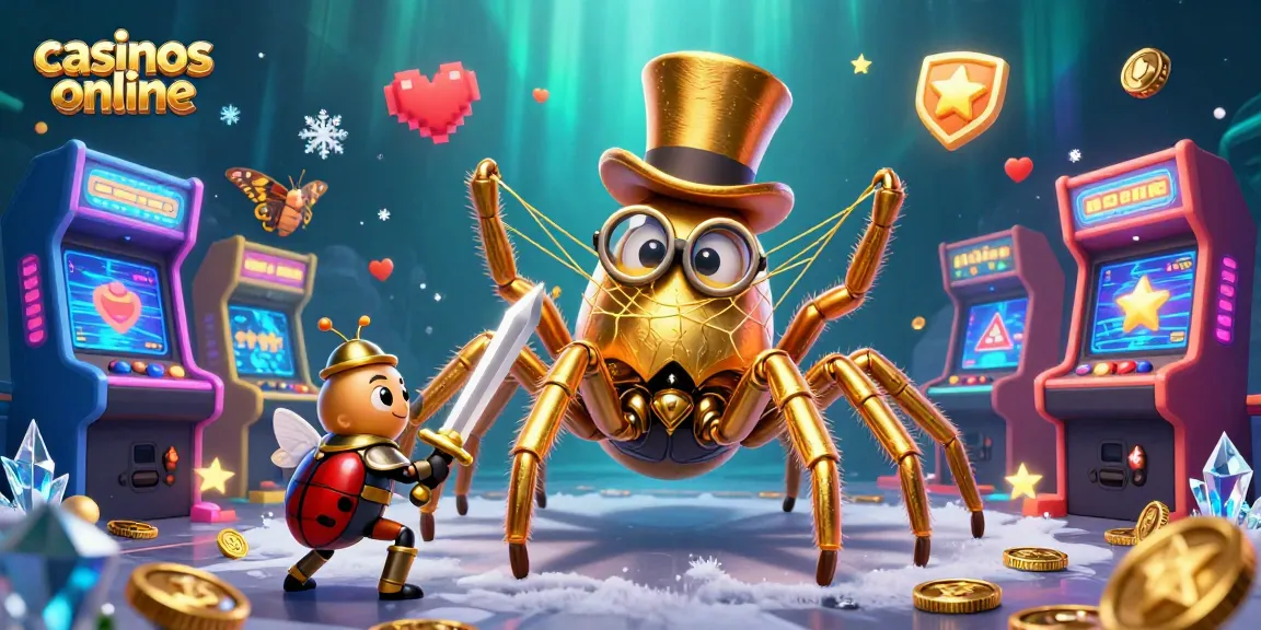 Disfruta de emociones en casinos online con la ilustración de una tarántula dorada y un valiente escarabajo.