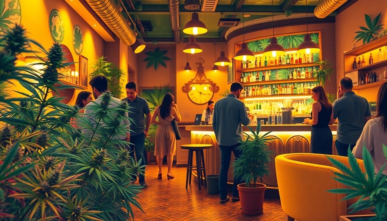 Vibrant scene of a weed club barcelona with patrons enjoying cannabis in a relaxed atmosphere.