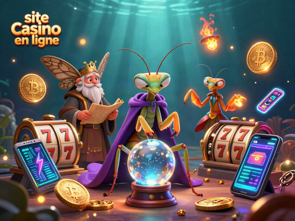 Jouez sur le site casino en ligne avec des symboles de machines à sous et des éléments de crypto-monnaie dans une illustration dynamique.