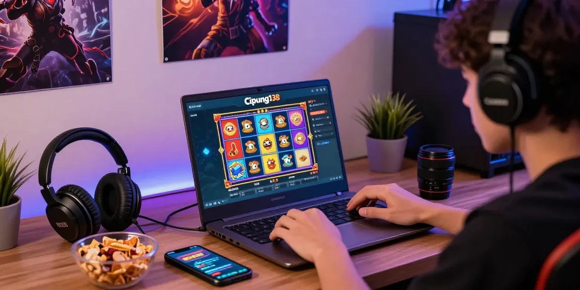 Pengguna Cipung138 menikmati permainan slot online di laptop dengan suasana ceria dan aksesori gaming.