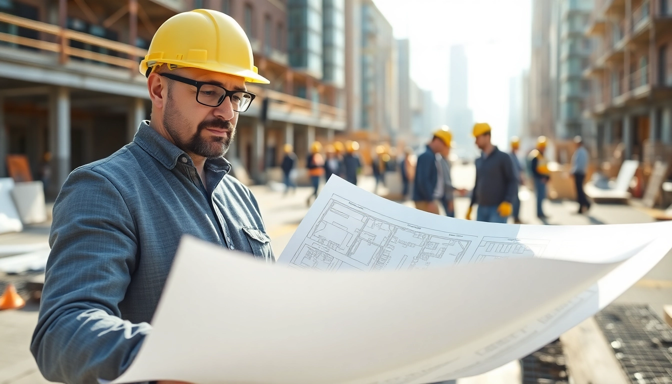 Manhattan Construction Manager reviewing plans at a busy construction site for project success.