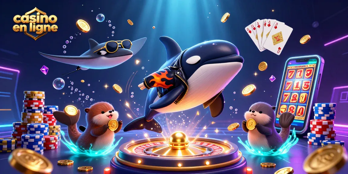 Le casino en ligne propose une scène dynamique avec un orque en cuir sautant, accompagnée d'un poisson-lune et d'otaries flottant, tout en jouant avec des pièces dorées.