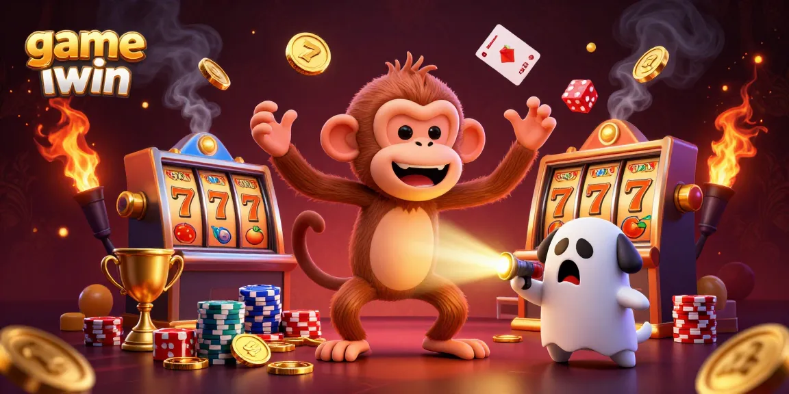 Engage with game iwin as a playful monkey juggles casino treasures in a haunted setting.