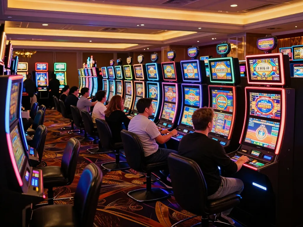 Engaged players enjoying a thrilling slot bet 200 on colorful machines in a vibrant casino.