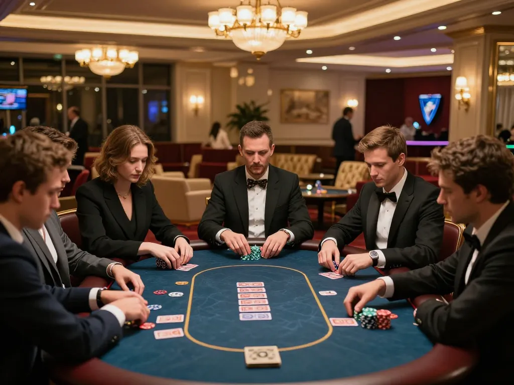 FIVE88 poker players strategizing bets in a luxurious casino setting.
