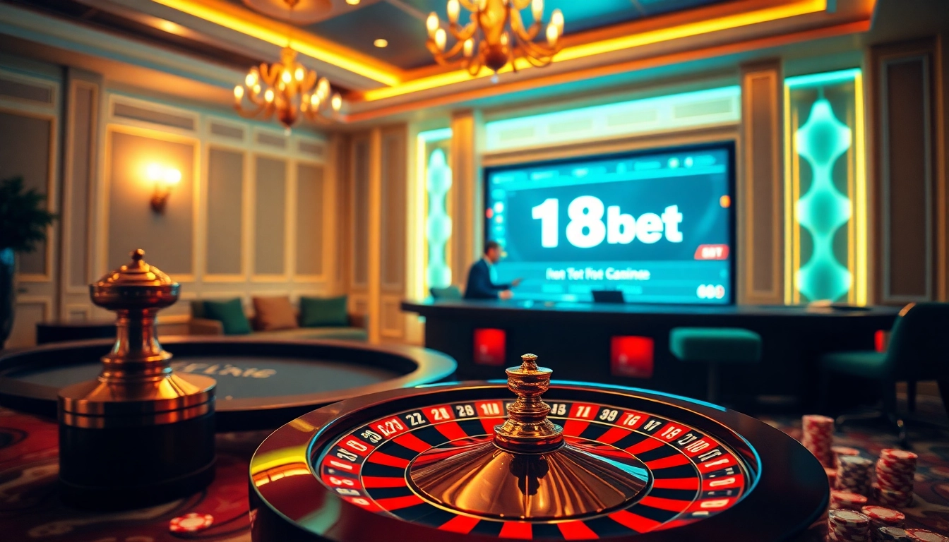 Experience the excitement of betting at link 188bet with a vibrant online gambling scene featuring a roulette wheel and poker chips.