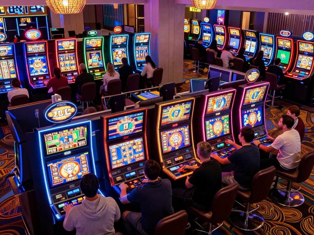 Players celebrating wins at Lively SLOT machines in a vibrant casino atmosphere.