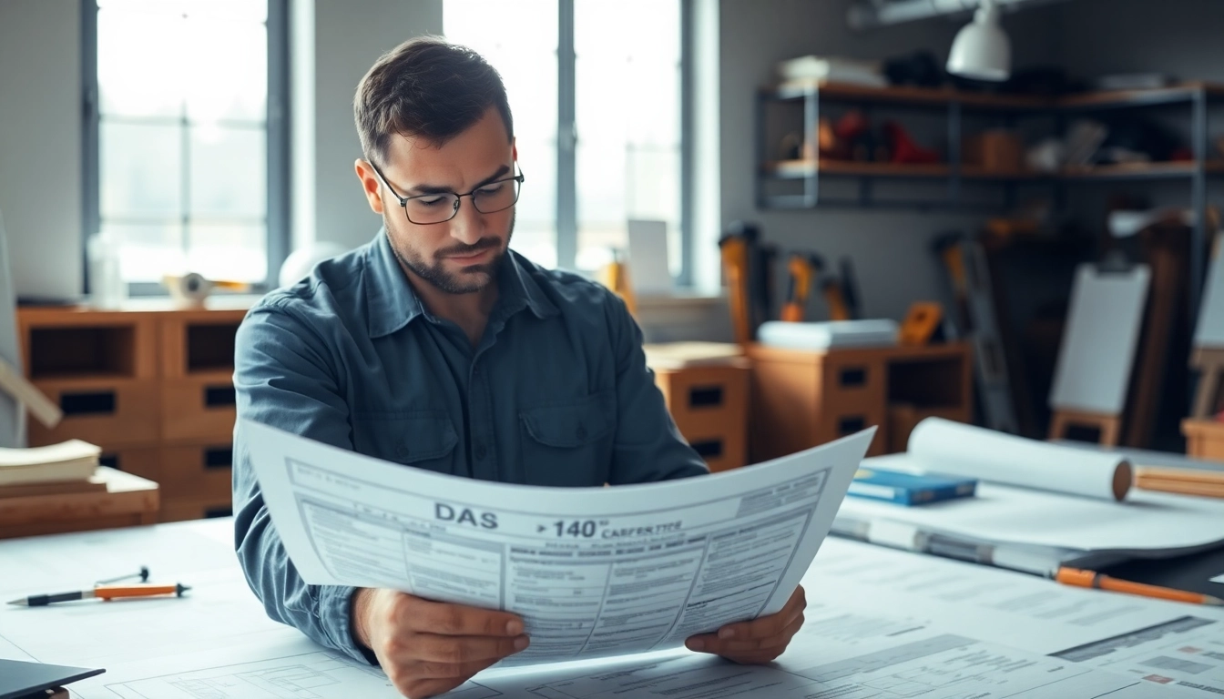 Contractor filling out the DAS 140 form in an organized office, ensuring compliance with regulations.