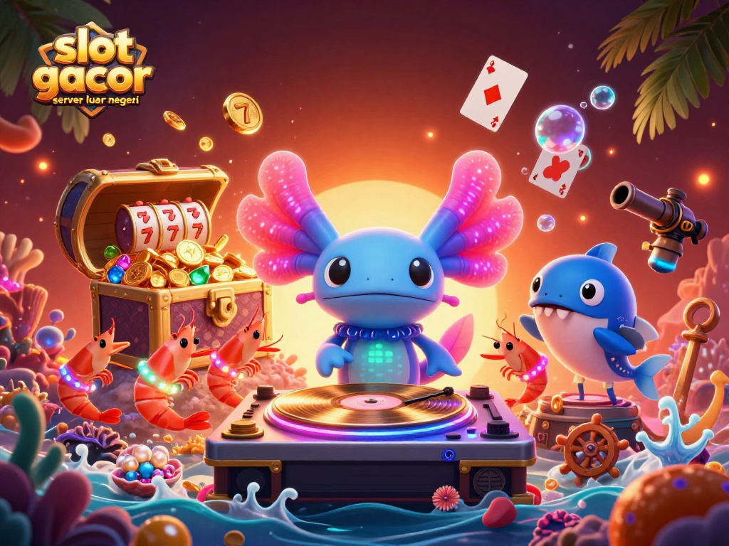 Engage with slot gacor server luar negeri through an underwater DJ party illustration featuring animated aquatic characters.