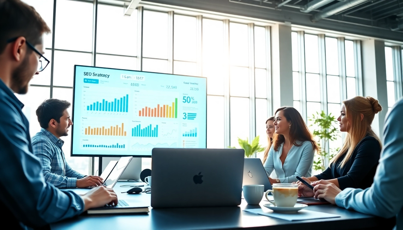 Planning enterprise seo services in a collaborative office setting with vibrant and energetic professionals.