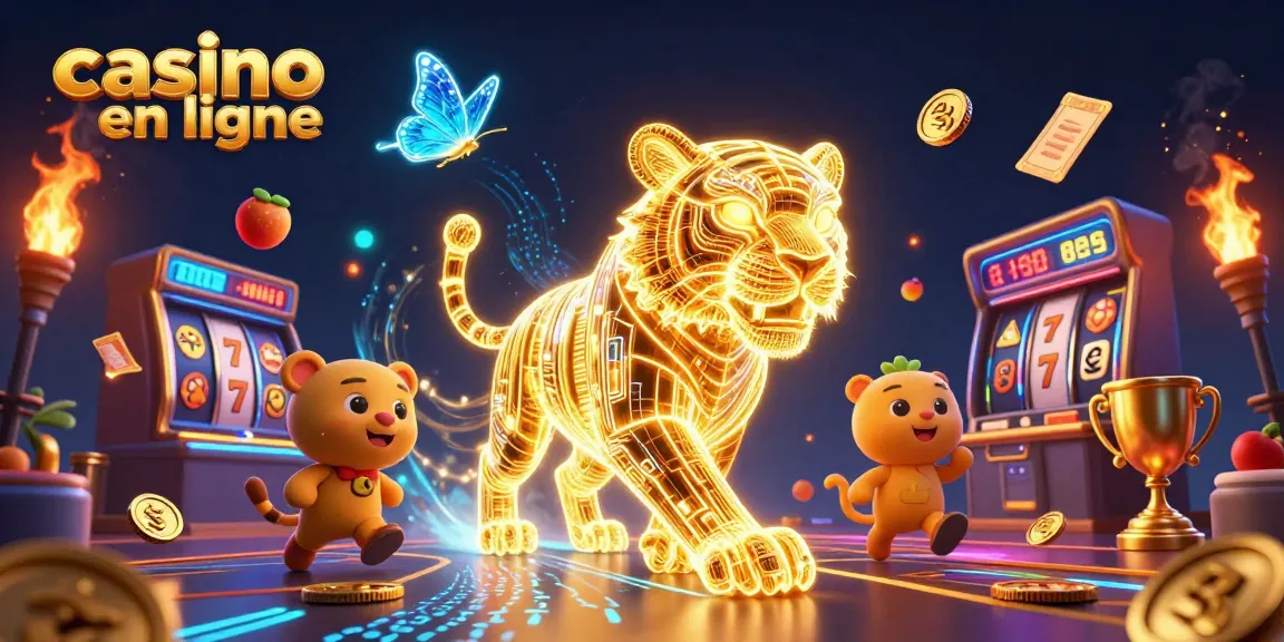 Jouez à des jeux de casino en ligne avec des éléments de casino lumineux et un tigre en 3D.