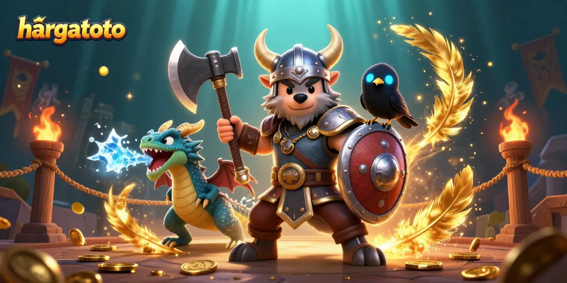 Experience thrilling gameplay with hargatoto, featuring a Viking warrior, dragon, and raven in an epic casino battle.