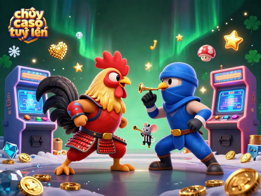 Chơi casino trực tuyến với rooster 3D trong cuộc chiến hấp dẫn giữa samurai và ninja.