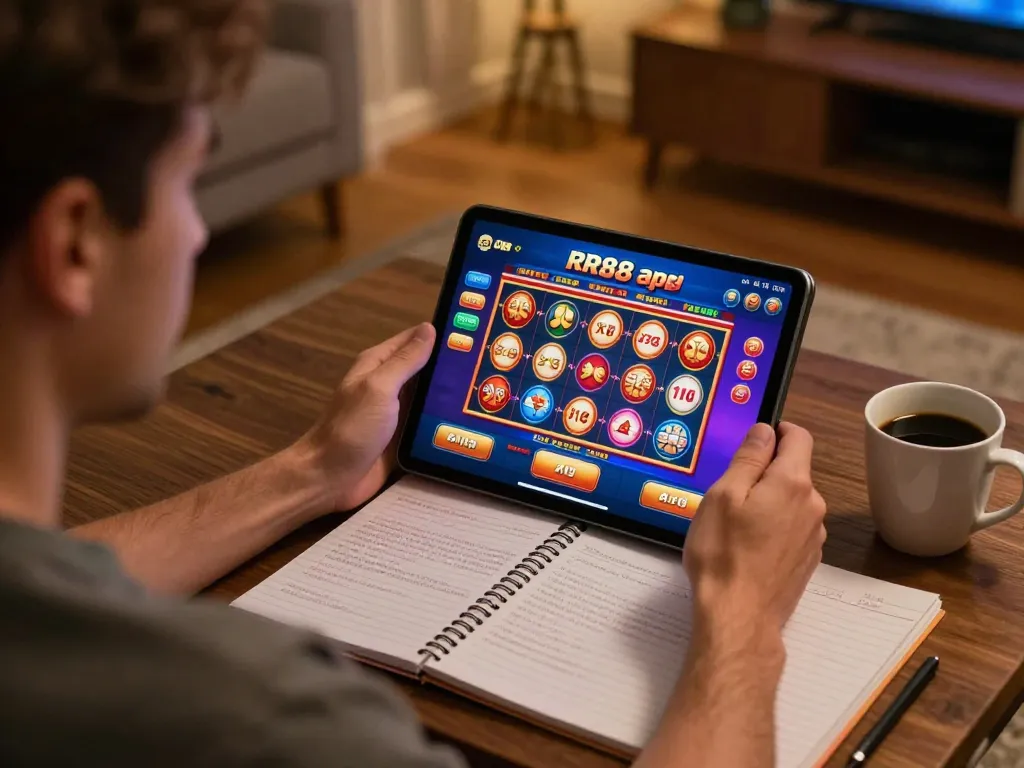 Engaging scene of using the RR88 apk for mobile gaming with vibrant slot options visible on screen