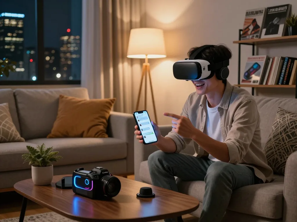 AI slut chat interaction in a cozy urban living room with the user engaging their virtual companion.