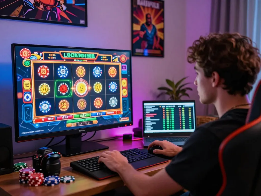 Player enjoying BIUSTOTO online slot gaming experience in an exciting virtual casino setup.