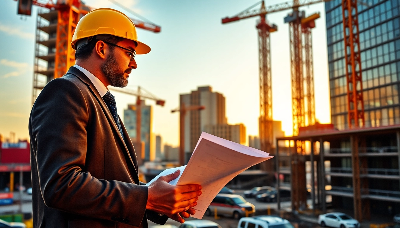 New York Construction Manager directing activities on an urban construction site, showcasing leadership.