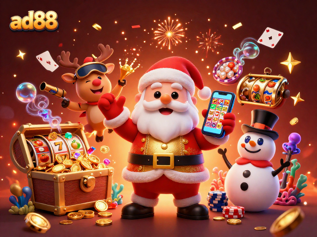 Ad88 showcases Santa celebrating jackpot slots amidst casino treasures and festive characters.