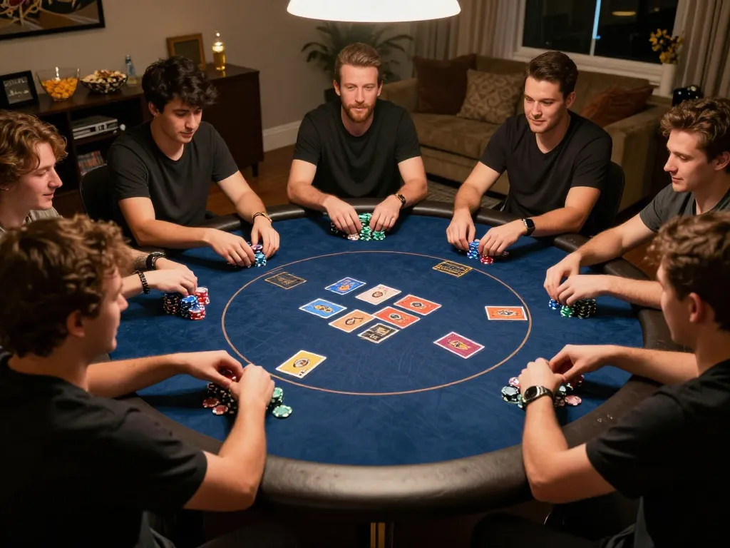 The hidden wiki dark web gaming scene with friends enjoying a lively poker night, Texas Hold'em action.