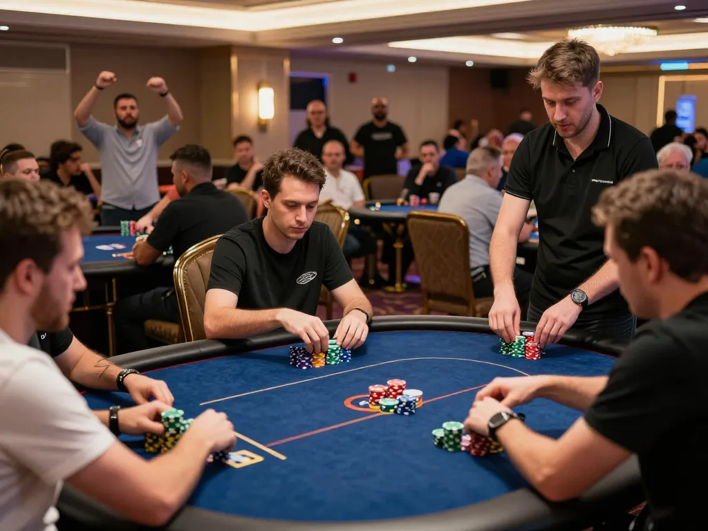 Poker players strategizing during intense tournament at hnoslara casino with vibrant atmosphere.