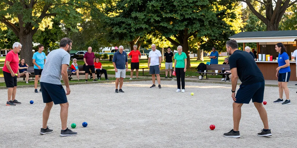 Permainan petanque di fopikotapontiana.org di taman, pemain beragam berkompetisi dalam suasana yang penuh semangat