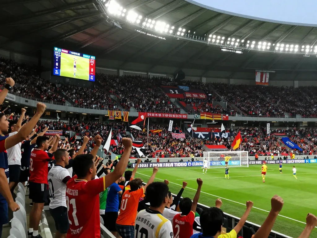Fans celebrate kết quả bóng đá at a lively football match with cheering crowds and vibrant atmosphere.