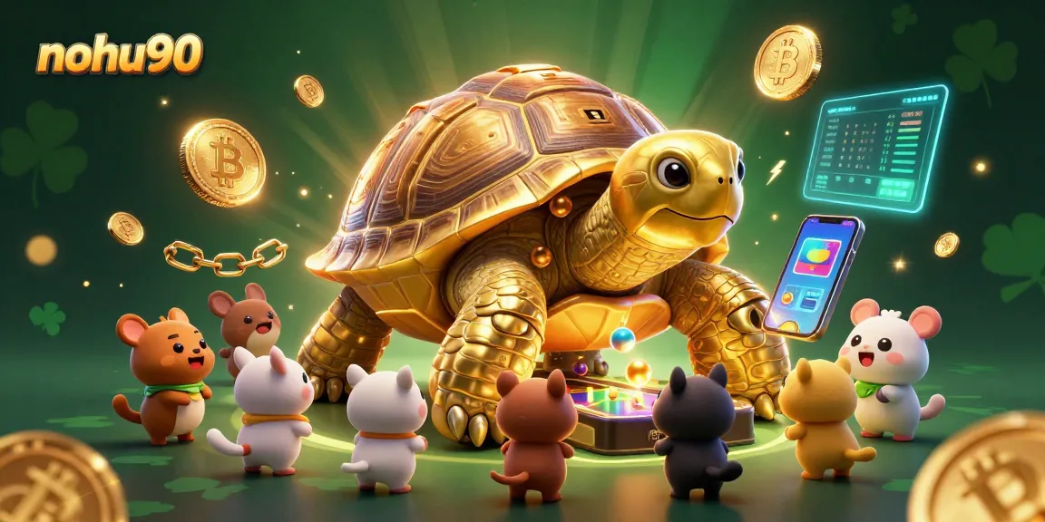 Nohu90 players enjoy interactive gaming with a colossal golden tortoise and vibrant crypto elements.