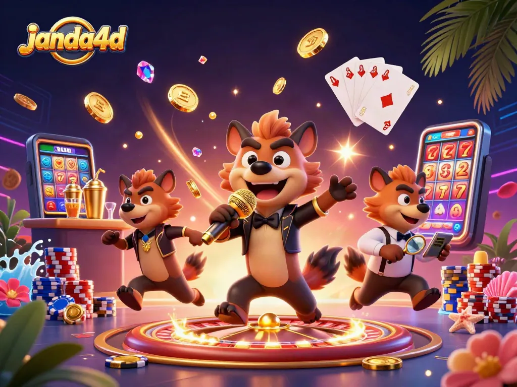 JANDA4D memukau pemain dengan suasana kasino ceria di ilustrasi 3D penuh detail.