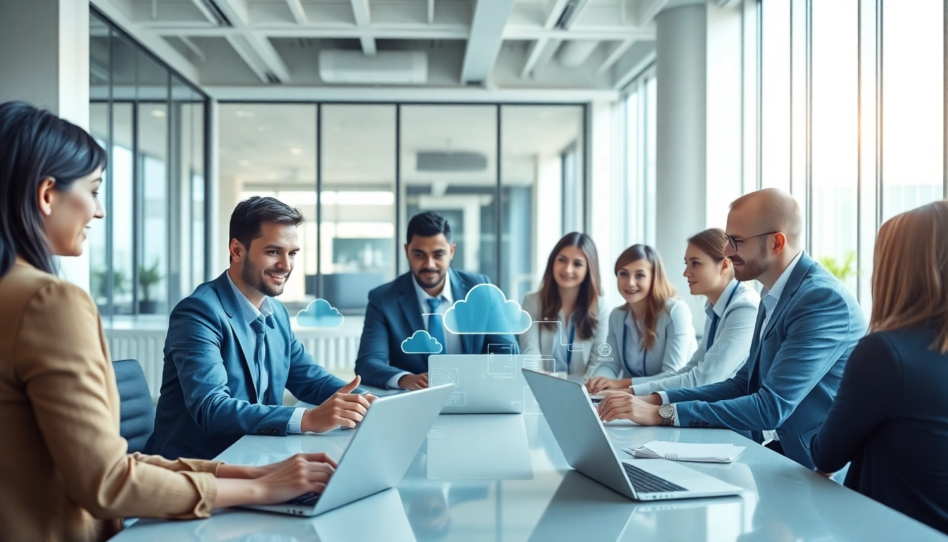 Cloud Services Tampa professionals collaborating with digital data in a modern office environment.