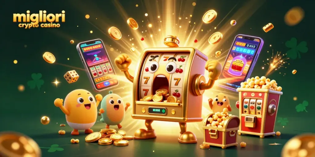 I migliori crypto casino mostrano un slot machine d'oro che festeggia jackpot, con simboli vivaci e atmosfere festose.