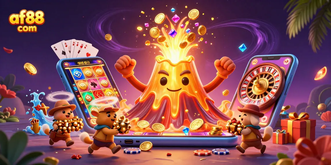 Engage with af88 com in a colorful explosion of casino excitement, featuring a golden volcano erupting treasures and dynamic gaming action.
